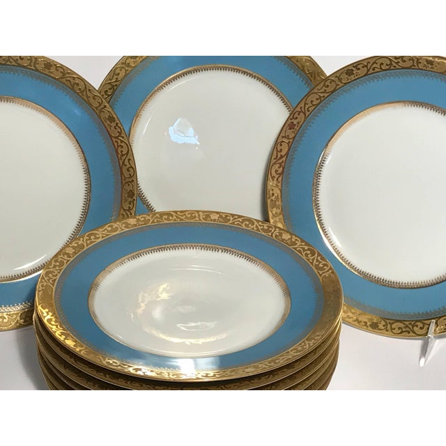 Ten Antique Limoges Turquoise Aqua Dinner Plates, Nice Gold Textured
