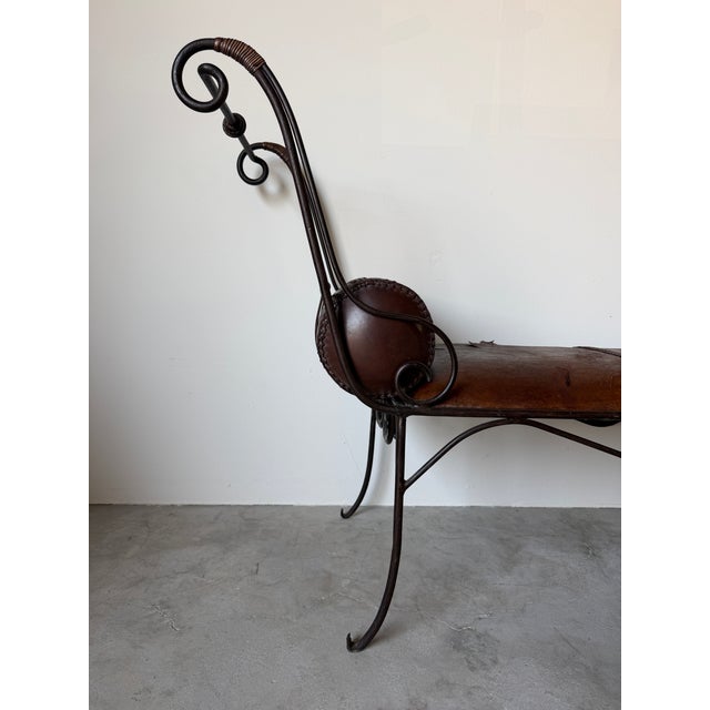 Metal Vintage Rustic Wrought Iron & Leather Scroll Bench For Sale - Image 7 of 16