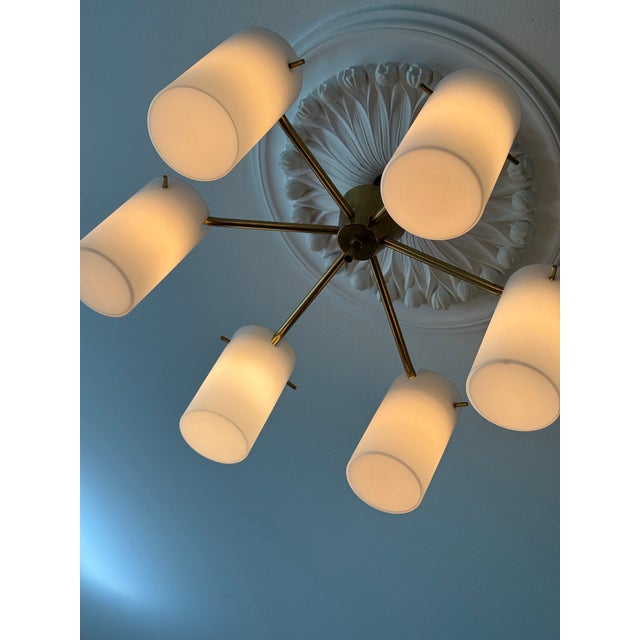 Metal Mid-Century Modern Swedish Semi Flush Mount Chandelier in Brass and Opaline Glass by Gert Nystrom for Fagerhult and Orrefors, 1960 For Sale - Image 7 of 11