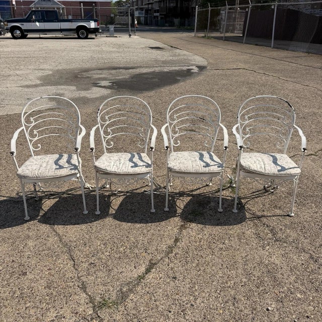 Late 20th Century Wrought Iron Scrolling Patio Dining Arm Chairs by Crown Leisure - Set of 4 For Sale - Image 17 of 18