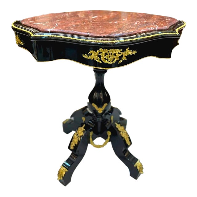 French Baroque Marble Top Table – Ornate Gold Leaf Details & Luxury European Design For Sale