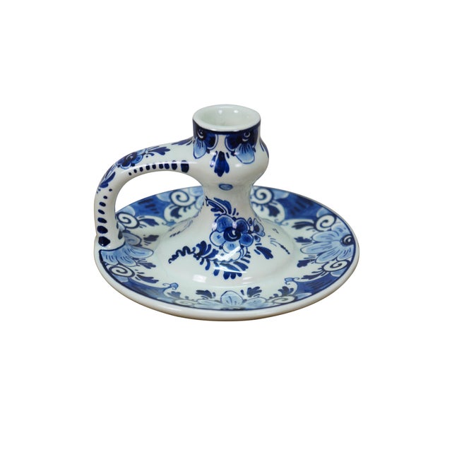 Vintage Dutch Holland Delft farmhouse wares. Includes two chamberstick candle holders and one butler valet service bell...