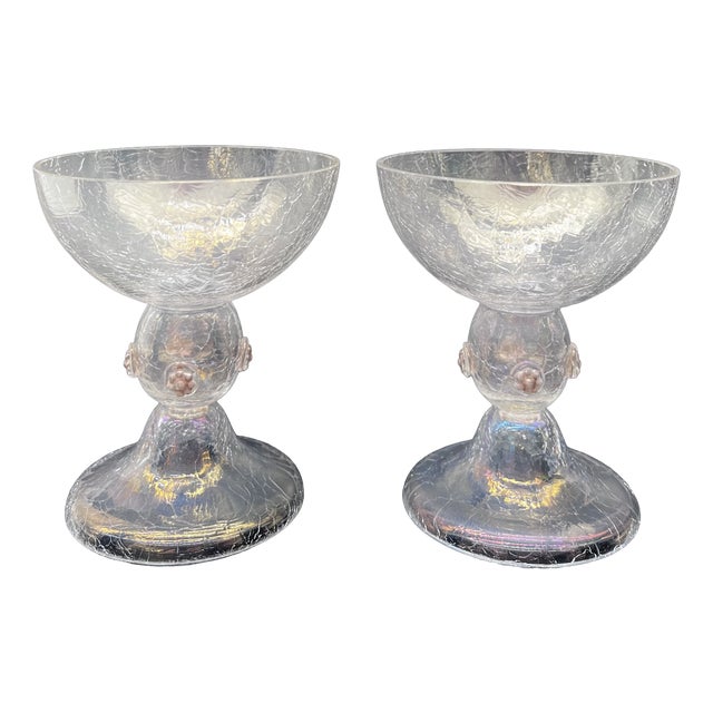 Art Nouveau Bohemian Iridescent Craquelé Glass Goblets attributed to Kralik, 1900, Set of 2 For Sale