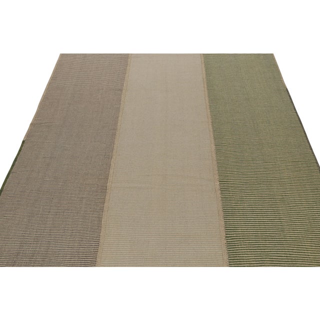 Contemporary Rug & Kilim’s Modern Kilim Rug in Beige-Brown & Green Textural Stripes For Sale - Image 3 of 8