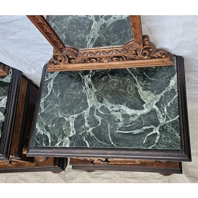 Pair of Italian Burl Walnut Nightstands With Green Marble Tops & Mirrors 1930s For Sale - Image 15 of 18