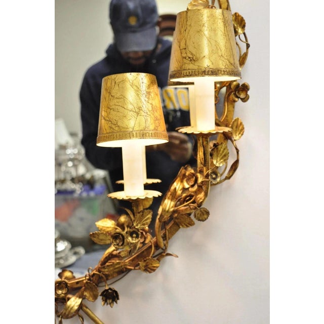 Vintage Italian Hollywood Regency Gold Gilt Iron Floral Wall Sconce Oval Mirror For Sale - Image 4 of 11