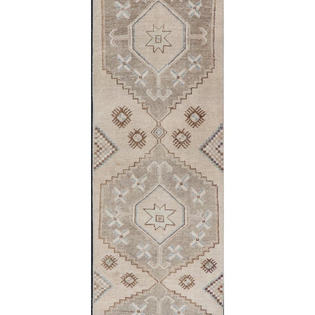 Tan Vintage Turkish Oushak Runner With Soft Earth Tones and Geometric Star Motifs For Sale - Image 8 of 10