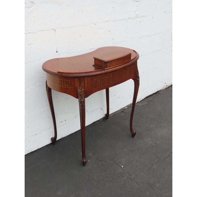 French Early 1900s Kidney Shape Carved Inlaid Small Writing Desk 6620 For Sale - Image 13 of 16