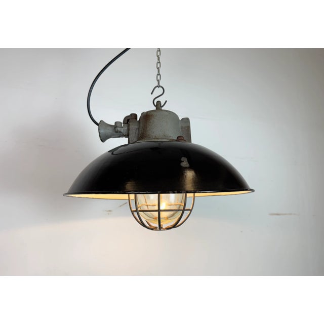 Black Enamel and Cast Iron Industrial Cage Pendant Light from Elektrosvit, 1960s For Sale - Image 16 of 18