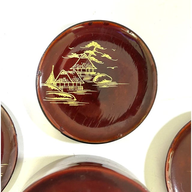 1950s Chinoiserie Lacquer Coaster Set - Vintage Asian Scenic Barware Coasters With Box - Mid Century Entertaining Decor For Sale In Louisville - Image 6 of 10