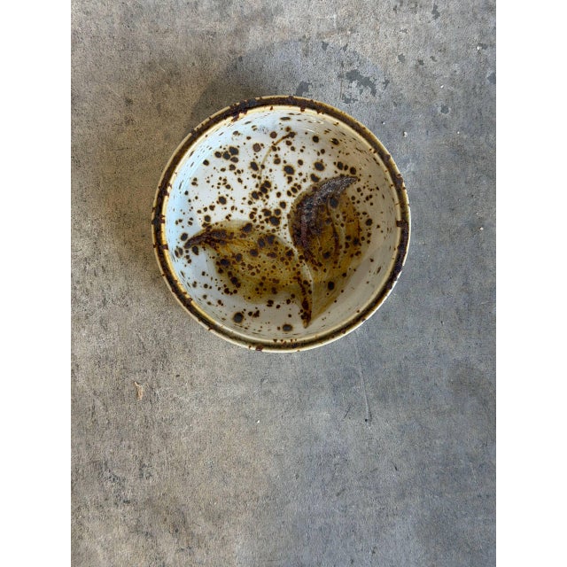 Mid-Century Modern Ceramic Bowl With Speckled Glaze and Leaf Pattern Denmark Mid-Century Modern 1970s For Sale - Image 3 of 9