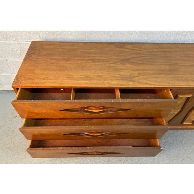 Unique Mid-Century Burl and Walnut Diamond Motif Credenza For Sale - Image 12 of 16