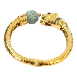 Bochic "Orient" Carved Vintage Mint Jade Bangle Set In 18K Gold & Silver For Sale