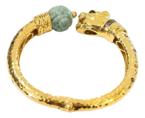 Bochic "Orient" Carved Vintage Mint Jade Bangle Set In 18K Gold & Silver
