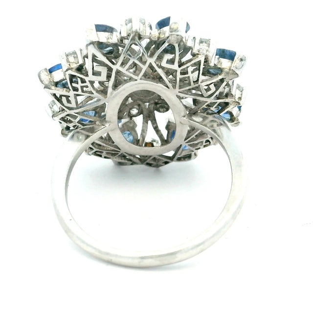 Mid-Century Marquise Sapphire and Diamond Cocktail Ring in 18K White Gold For Sale - Image 9 of 11
