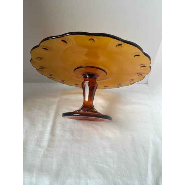 Indiana Glass Company Mid-Century Amber Glass Tazza Cake Stand With Scalloped Thumbprint Edge For Sale - Image 4 of 10