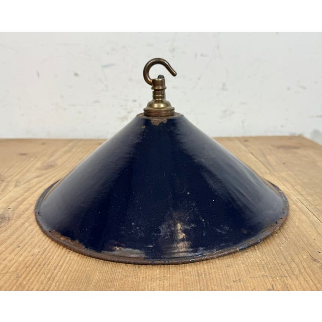Industrial British Dark Blue Enamel Factory Pendant Lamp, 1950s For Sale - Image 11 of 17