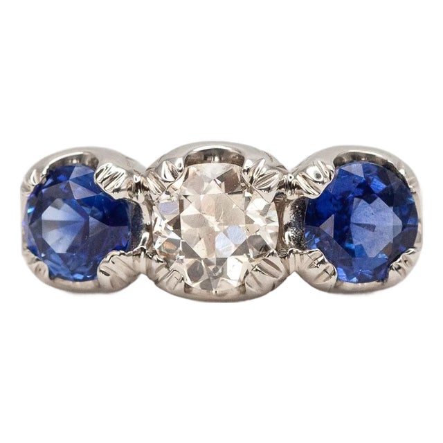1980s Gorgeous Platinum Diamond Sapphire 3 Stone Ring, Size 7.5 For Sale