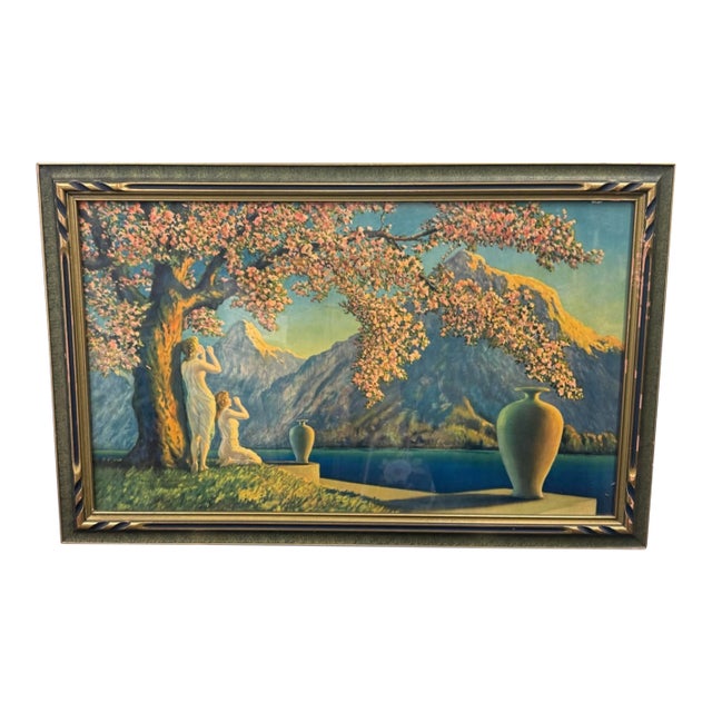 Vintage Reynard Art Deco Framed Landscape Print Cherry Blossoms Lake Mountain Mid Century Art For Sale
