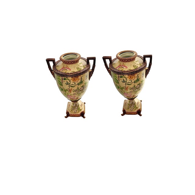 Late 20th Century Pair of Late 20th Century Chinoiserie Porcelain Vases With Metal Accents, Botanical Floral, 16.5"h For Sale - Image 5 of 7