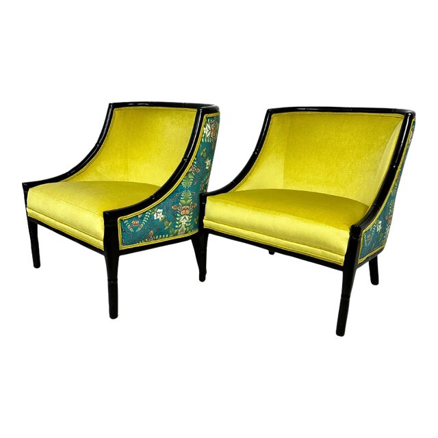 1960s Mid-Century Ebonized Faux Bamboo & Chartreuse Velvet Lounge Hip Rest Chairs- Set of 2 For Sale