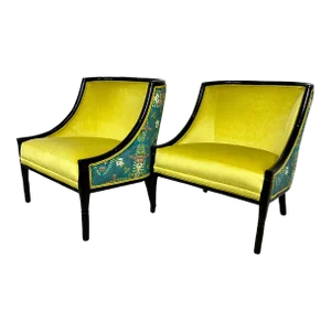 1960s Mid-Century Ebonized Faux Bamboo & Chartreuse Velvet Lounge Hip Rest Chairs- Set of 2