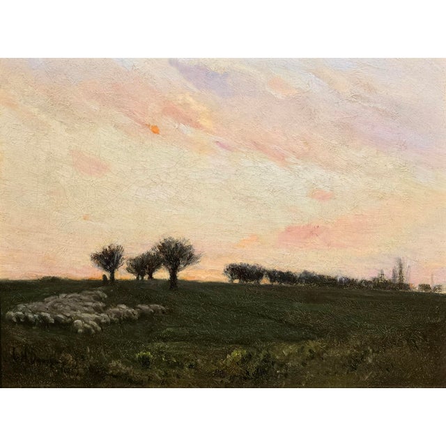 Charles Harold Davis-Dusk Pastoral Meadow W/Grazing Sheep-American Tonalist Oil Painting For Sale - Image 4 of 12