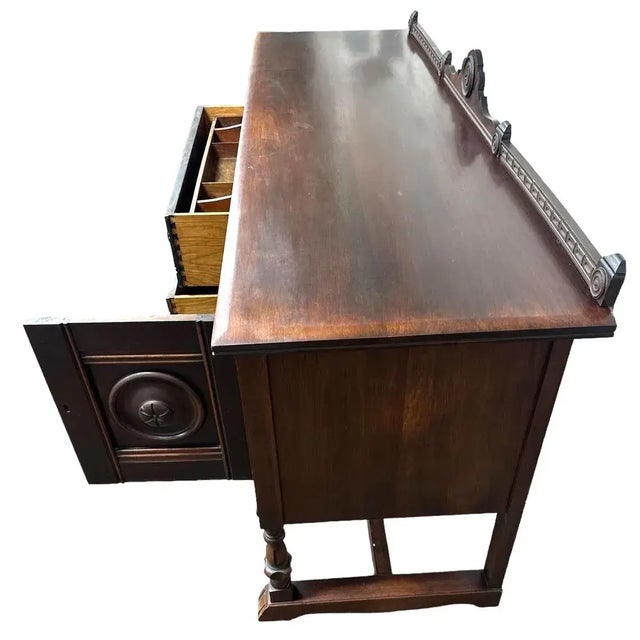 Baker Furniture Company Rare Antique 1920s Signed Baker Furniture Company Walnut Spanish Revival 72" Buffet Sideboard Made in Allegan, Michigan For Sale - Image 4 of 10