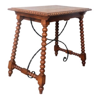 19th Century Spanish Farm Table With Iron Stretchers, Hand Carved Top and Drawer For Sale