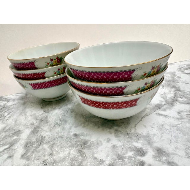 Midcentury Porcelain Ceramic Asian Floral Soup Bowls For Sale - Image 4 of 7