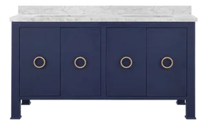 Matthew Izzo Home Blanche 60" Four Door Navy Linen Double Porcelain Sink Bath Vanity With Carrara Marble Top and Antique Brass Hardware