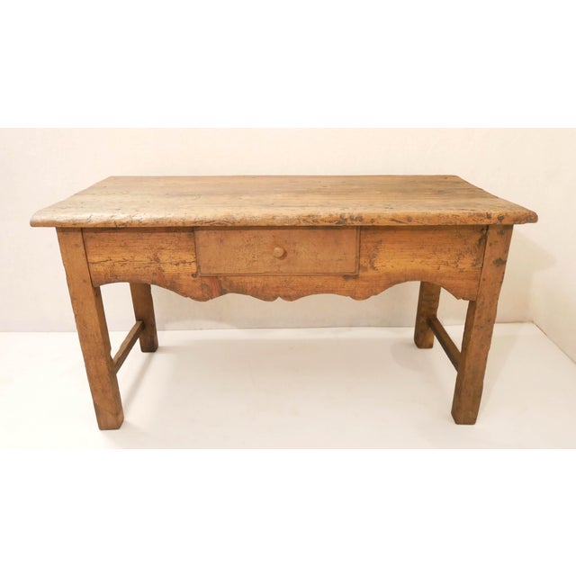 Rustic console table in larch wood and walnut legs and drawer. Italy, Piedmont alpine valleys, 1800s (can be used as a...