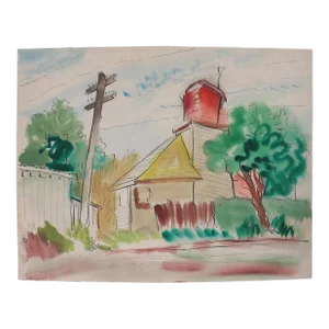 Mid-Century Illustrative Abstracted Neighborhood Scene 1943 Watercolor