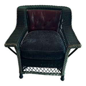 Antique Heywood-Wakefield Black Wicker Lounge Chair, Bar-Harbor Style
