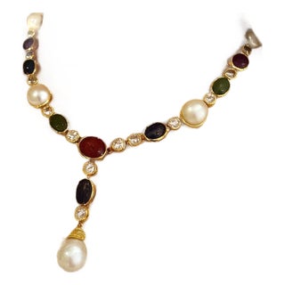 Bochic "Capri" Vintage Ruby, Emerald & Blue Sapphire Necklace Set In 18K & Silver For Sale