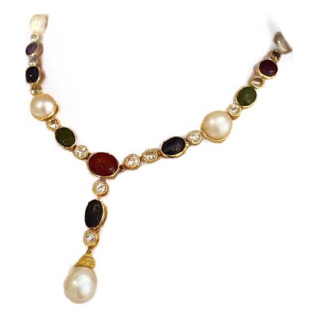 Bochic "Capri" Vintage Ruby, Emerald & Blue Sapphire Necklace Set In 18K & Silver For Sale