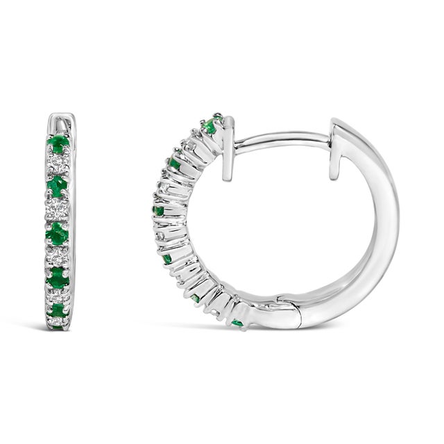 Contemporary 10K White Gold Alternating Emerald 1/10 Cttw Diamond Huggy Hoop Earrings (I-J Color, I1-I2 Clarity) For Sale - Image 3 of 5