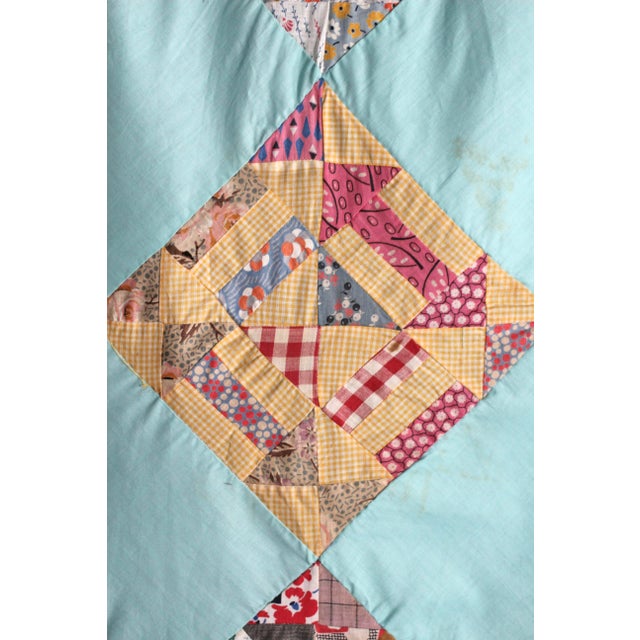 1950s Quilt Top in Aqua and Yellow in an Intricate Pattern For Sale - Image 9 of 11