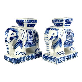 Vintage Blue and White Porcelain Hand Painted Elephants, Candlesticks or Vases For Sale