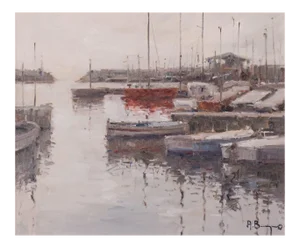 Post Impressionist Harbour with Fishing Boats, Oil on Canvas, Framed