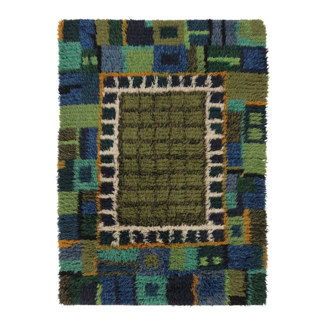 Vintage Swedish Rya Rug With Green Mosaic and Geometric Borders - Rug & Kilim For Sale