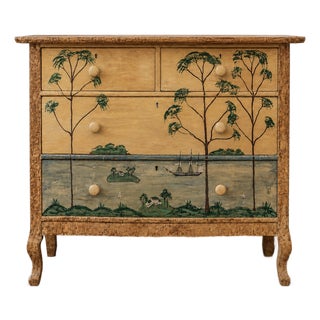Antique Scandinavian Hand-Painted Folk Art Chest of Drawers With Coastal Landscape Decoration For Sale