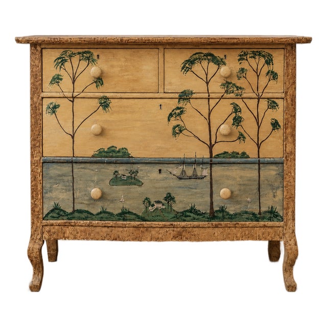 Antique Scandinavian Hand-Painted Folk Art Chest of Drawers With Coastal Landscape Decoration For Sale