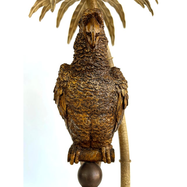 Metal Late 20th Century Palm Beach Chic Brass Macaw Parrot Tole Palm Tree Lamp For Sale - Image 7 of 11