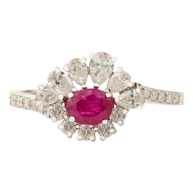18k Gold Mozambique Natural Ruby & Diamond Floral Halo Cocktail Ring Size 4 For Sale