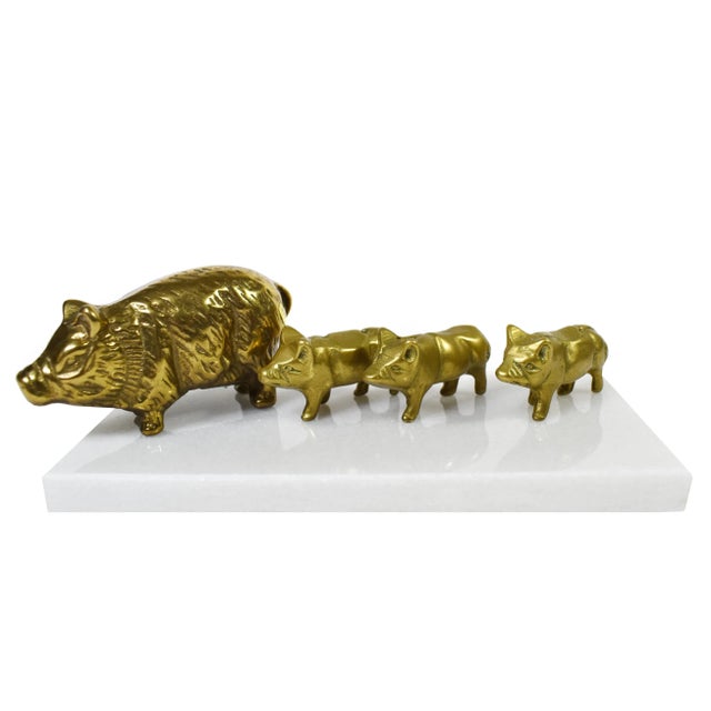 Vintage Brass Pig Family Animal Figurines Model With Marble Stone Base - 5 Pieces For Sale - Image 9 of 9