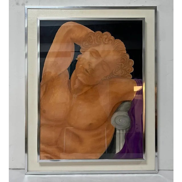 Vintage Italian Classic Figure of a Man Water Color Painting on Paper with a double chrome frame