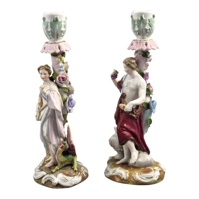 A finely modelled pair of german porcelain figural candlesticks produced by volkstedt r. Eckert & co. Around 1895....