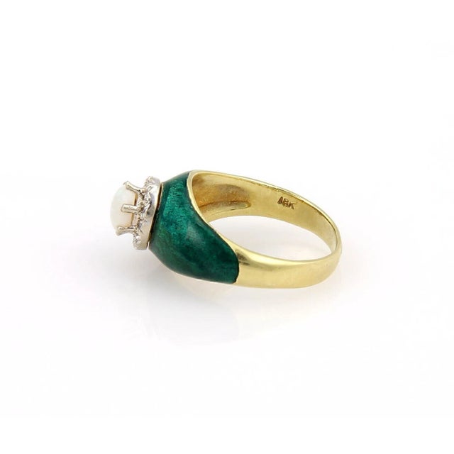 Contemporary Opal Diamond & Green Enamel 18k Yellow Gold Cocktail Ring - Size 8 For Sale - Image 3 of 4