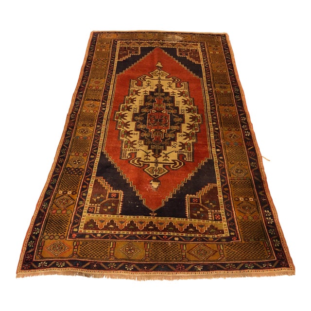 Vintage Warm Tones Handmade Oushak Vintage Floor Rug - 4′3″ × 7′8″ For Sale